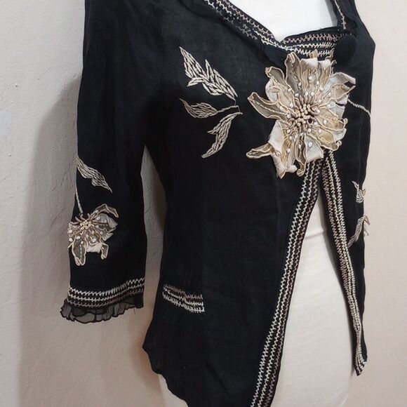 Vintage CoVelo Black Linen Floral Jacket Cardigan - Size 6 - Picture 4 of 11